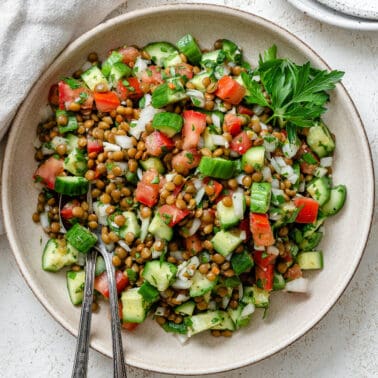 completed Lentil Tabbouleh plated on a plate against a light surface