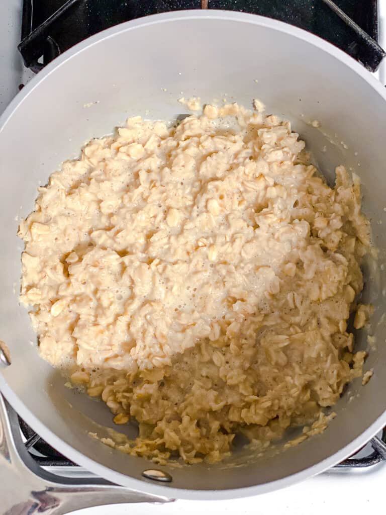 process shot mixing oats and plant-based milk in a pot