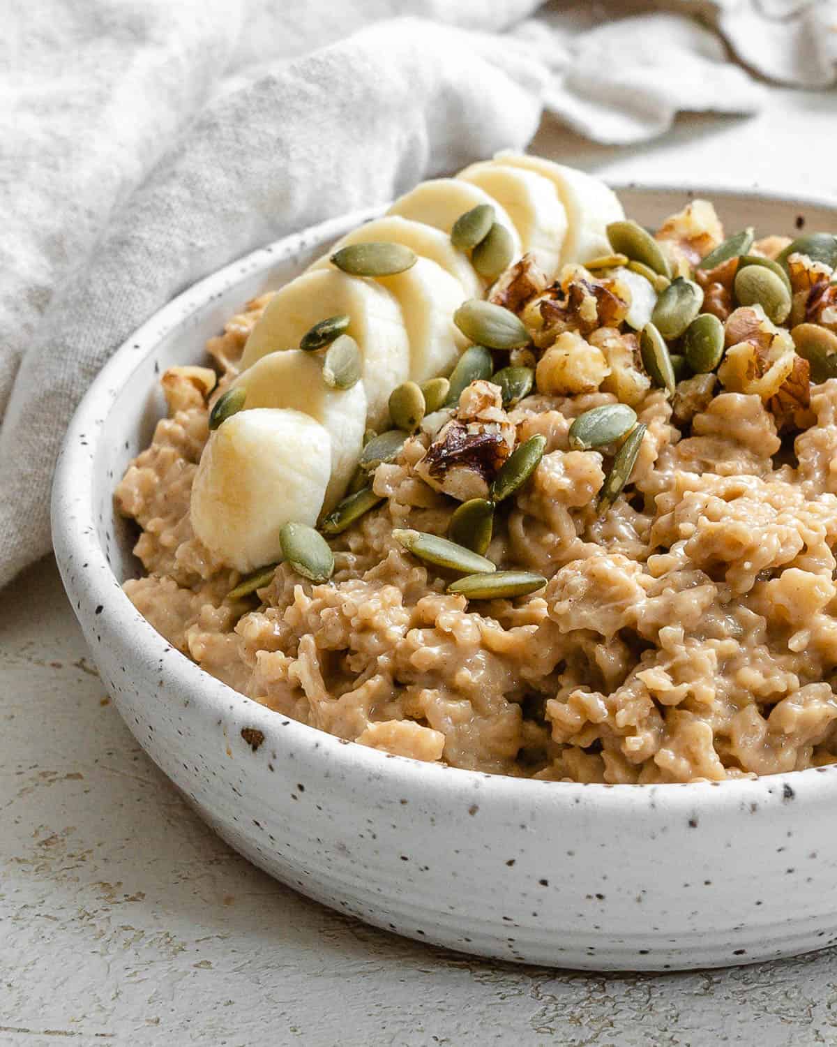 completed Easy Peanut Butter Oatmeal in a bowl against a light background