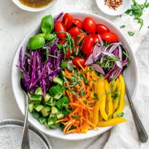 completed Rainbow Salad against a white surface