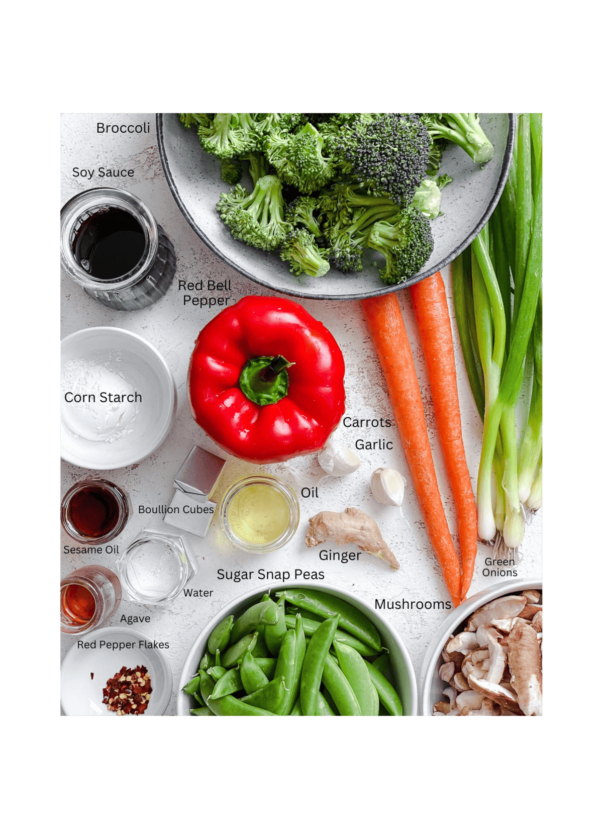 ingredients for Easy Stir-Fry Vegetables measured out against a white surface