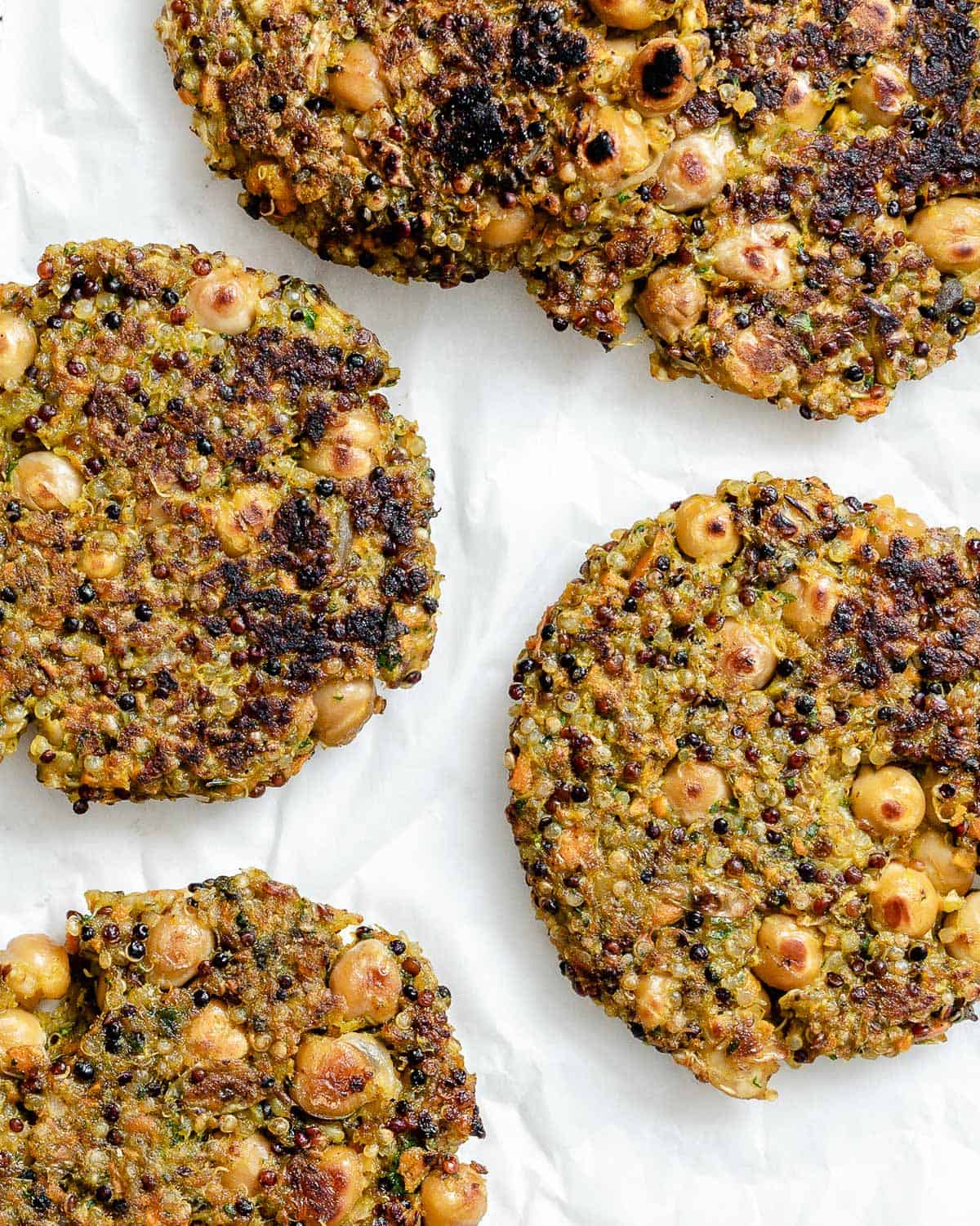 completed Quinoa Chickpea Patties on a white surface