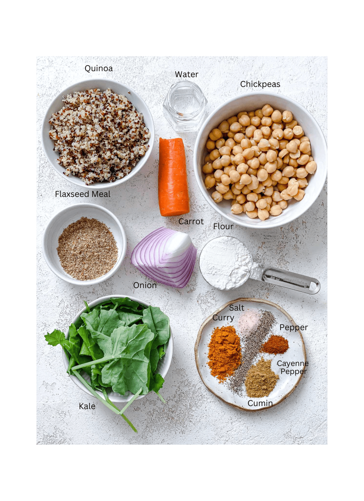 ingredients for Easy Quinoa Chickpea Patties measured out on a white surface