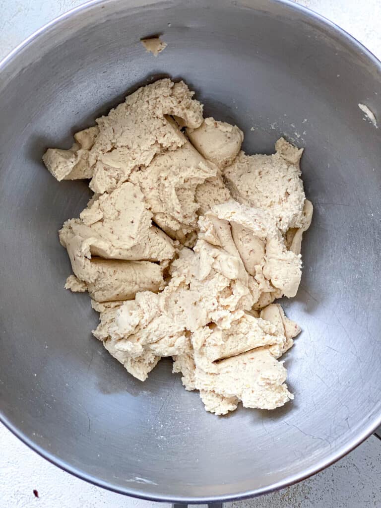 process shot showing post mixed flour with sugars and butter