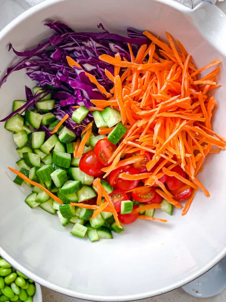 vegetables for Thai Peanut Noodle Salad [Glass Noodle Salad] inn a white bowl
