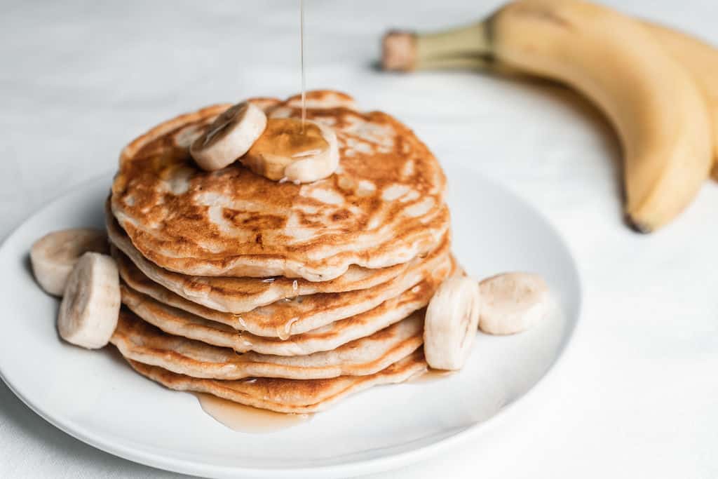 completed stack of pancakes on a plate