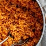 completed Easy Vegan Mexican Rice plated against a white surface