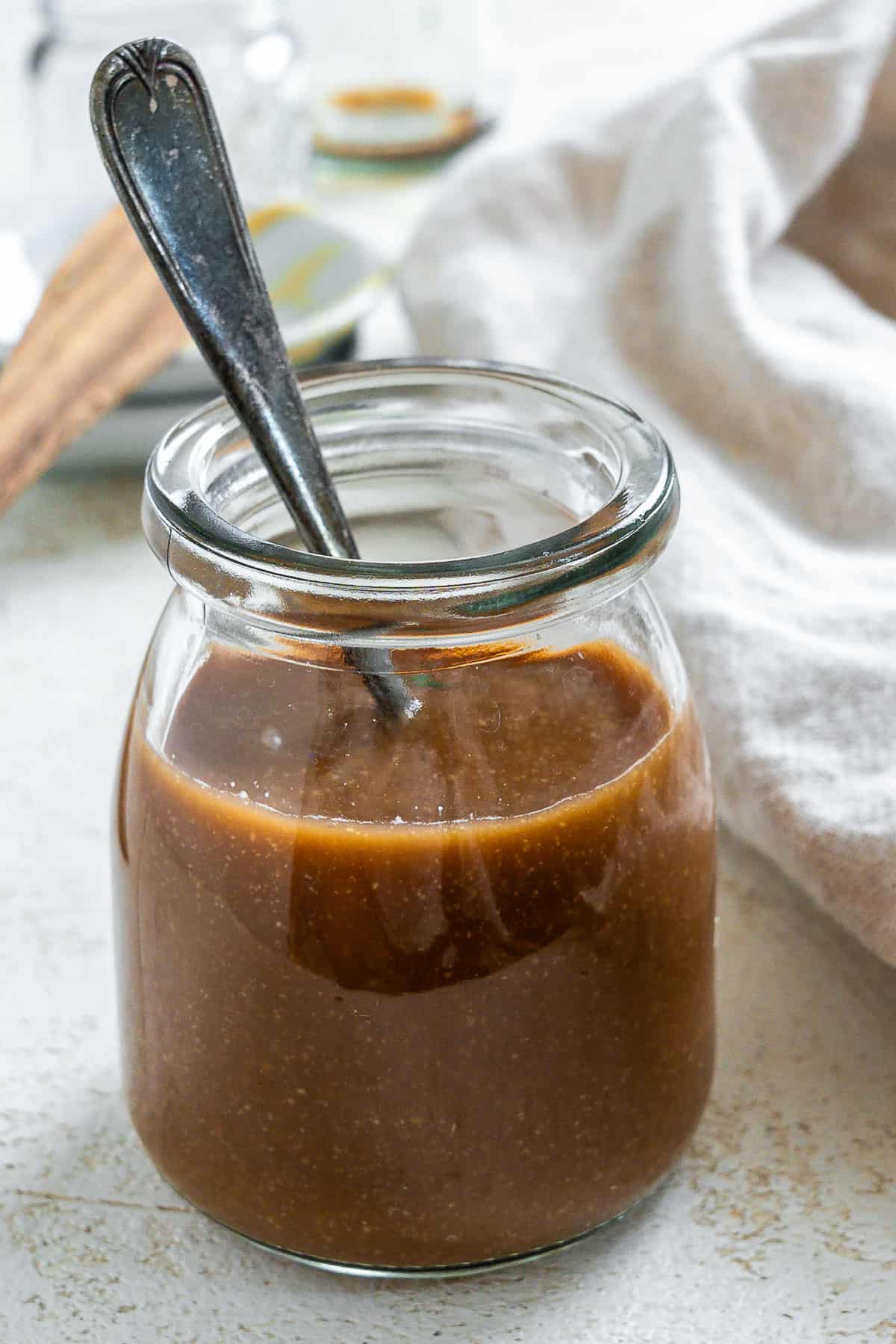 completed 2-Minute Oil Free Salad Dressing [Balsamic Vinaigrette] in a glass jar