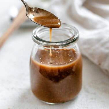 completed 2-Minute Oil Free Salad Dressing [Balsamic Vinaigrette] in a glass jar