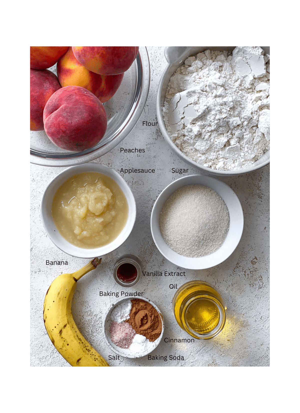 ingredients for Easy Banana Peach Bread measured out against a white surface