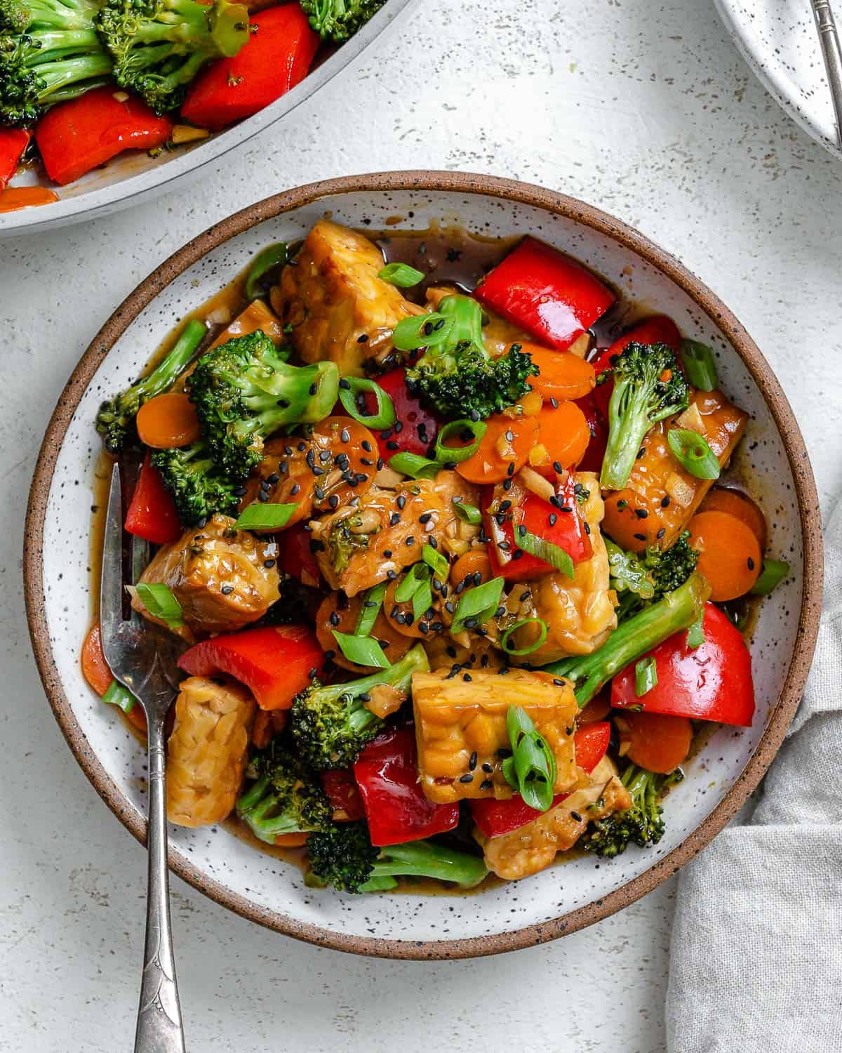 completed Easy Tempeh Stir-Fry plated on a white plate a،nst a white surface