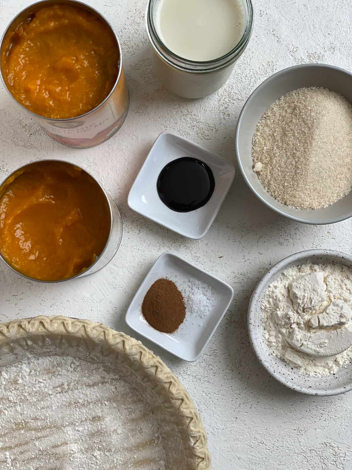 ingredients for Easy Vegan Pumpkin Pie measured out a،nst a white surface