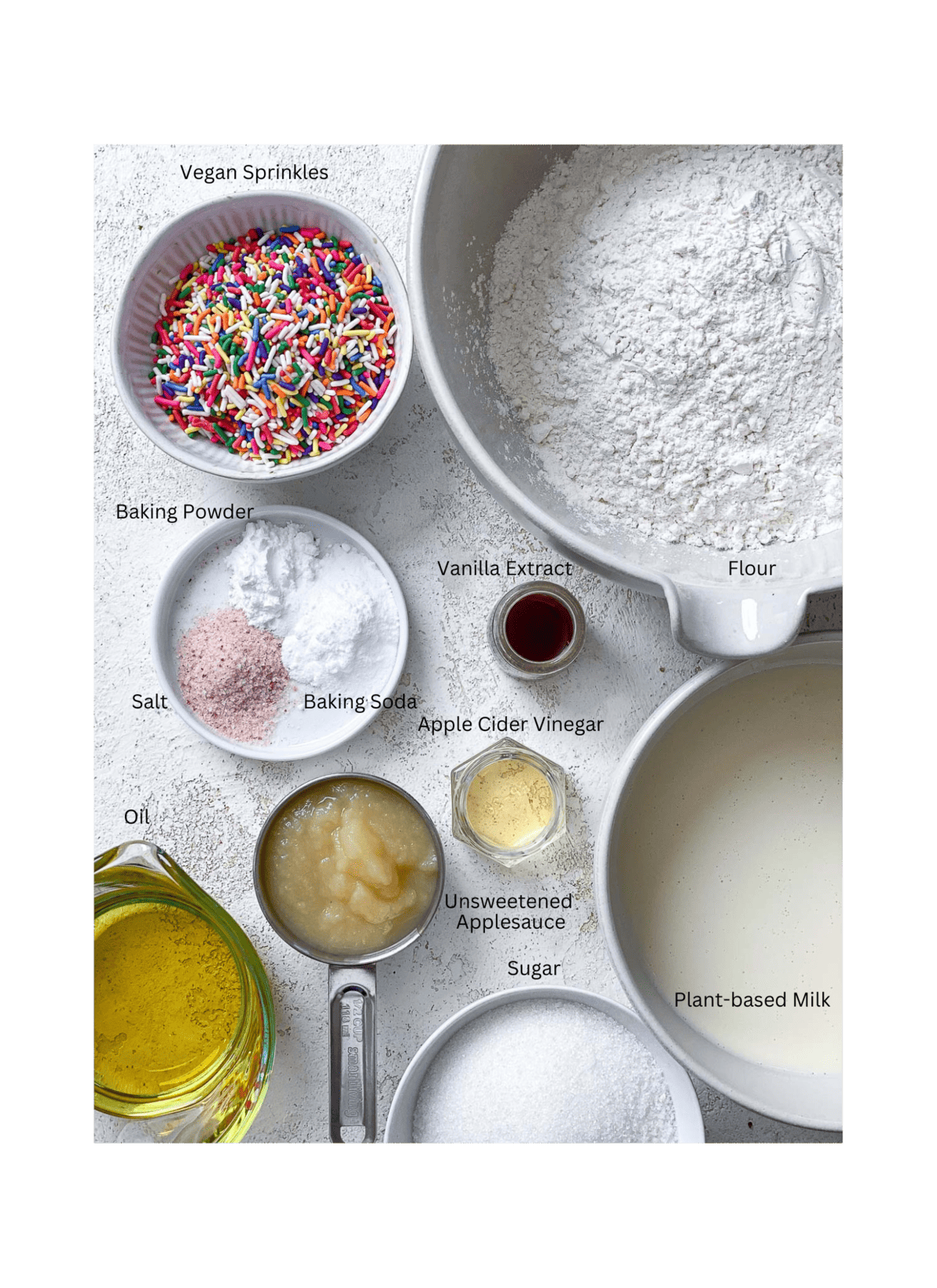 ingredients for Vegan Birthday Cake [Funfetti Cake] on a white surface