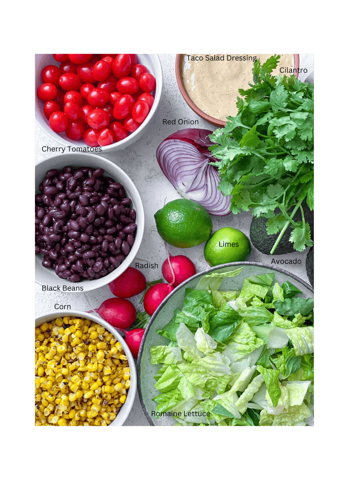 All the ingredients to make a vegan taco salad.