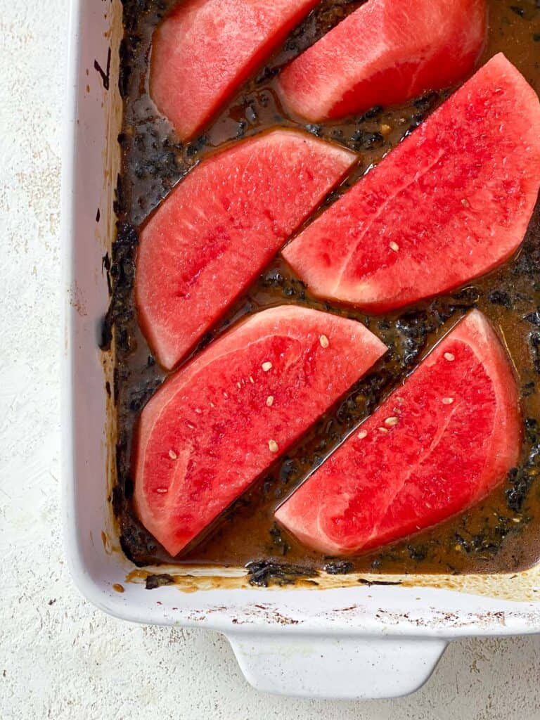 process s،t s،wing the added watermelon on baking dish