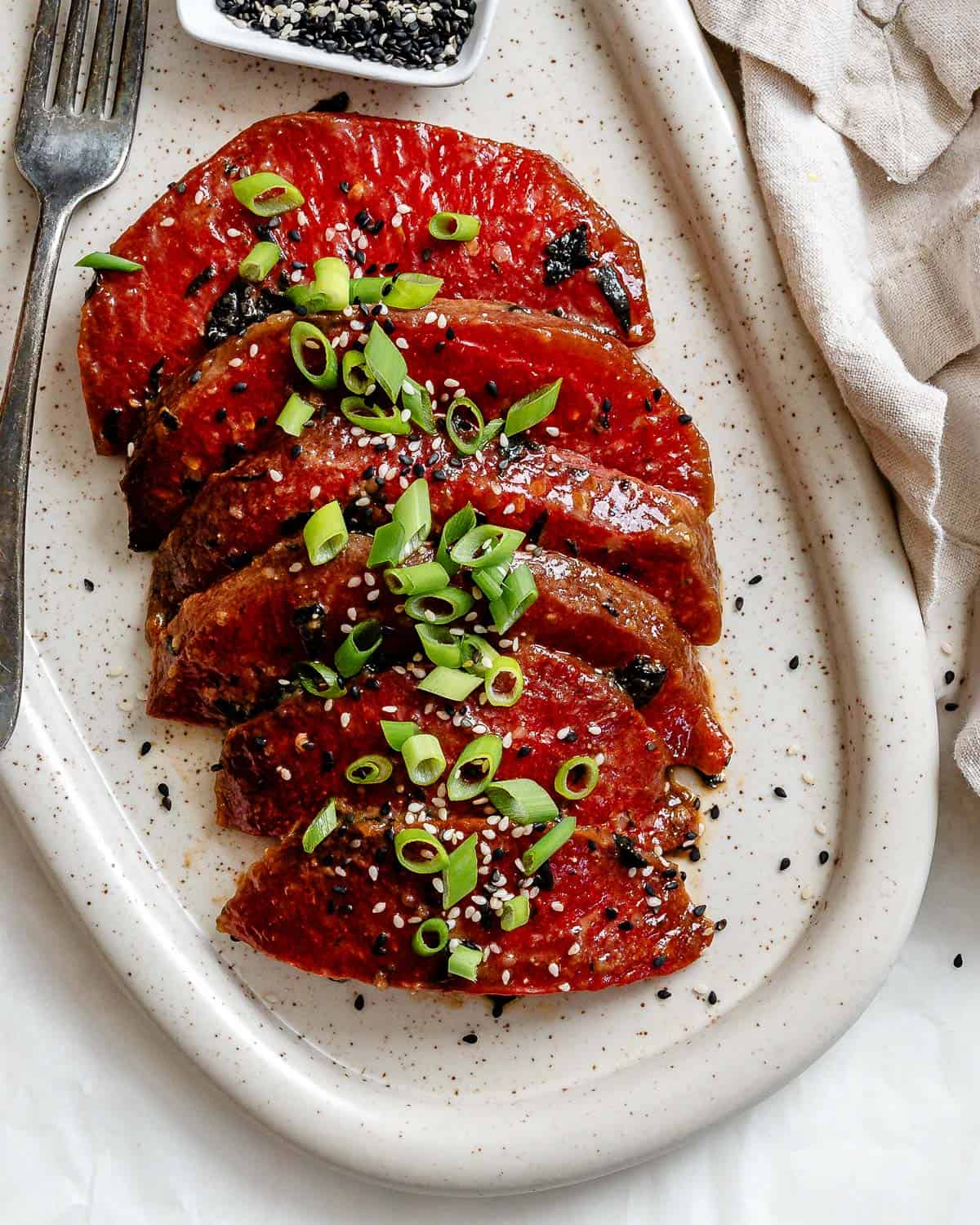 completed Watermelon Tuna [sa،mi + steaks] on a baking dish