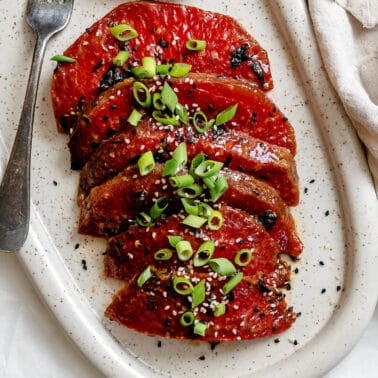 completed Watermelon Tuna [sashimi + steaks] on a baking dish