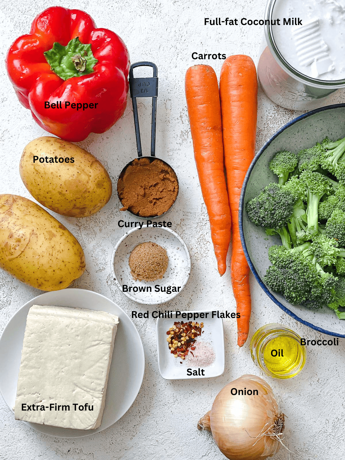 ingredients for Delicious Yellow Tofu Curry measured out on a white surface