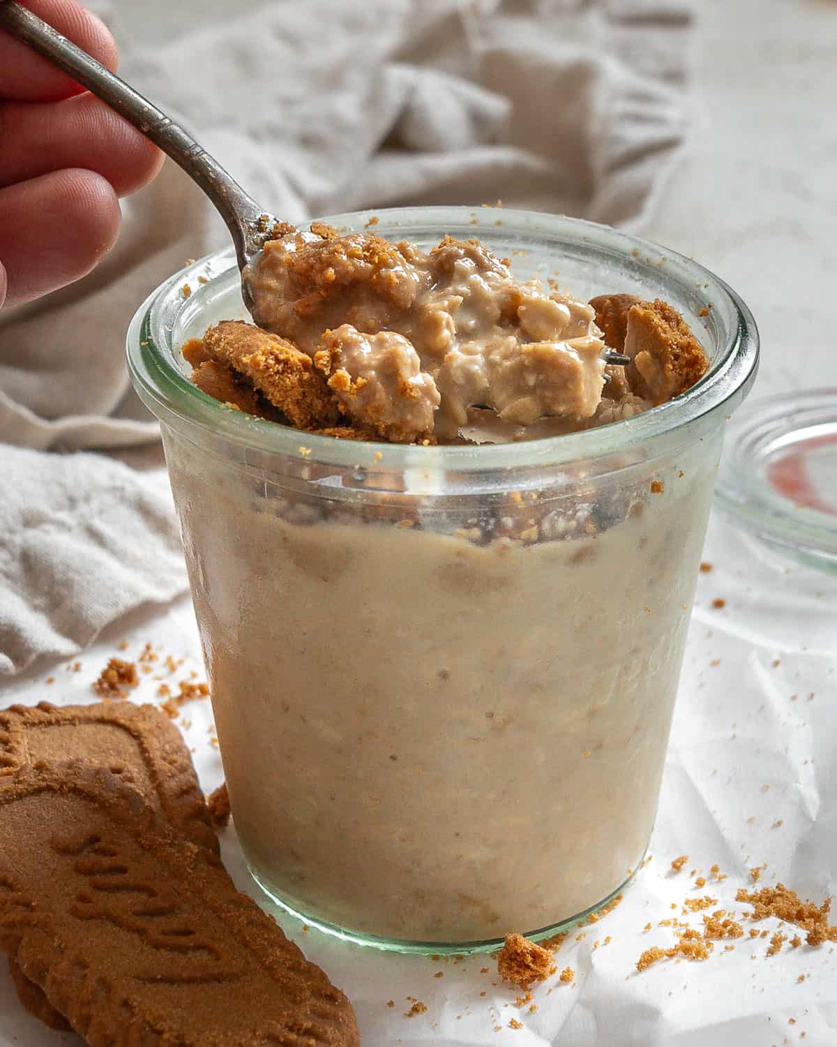 completed Biscoff Overnight Oats in a glass jar