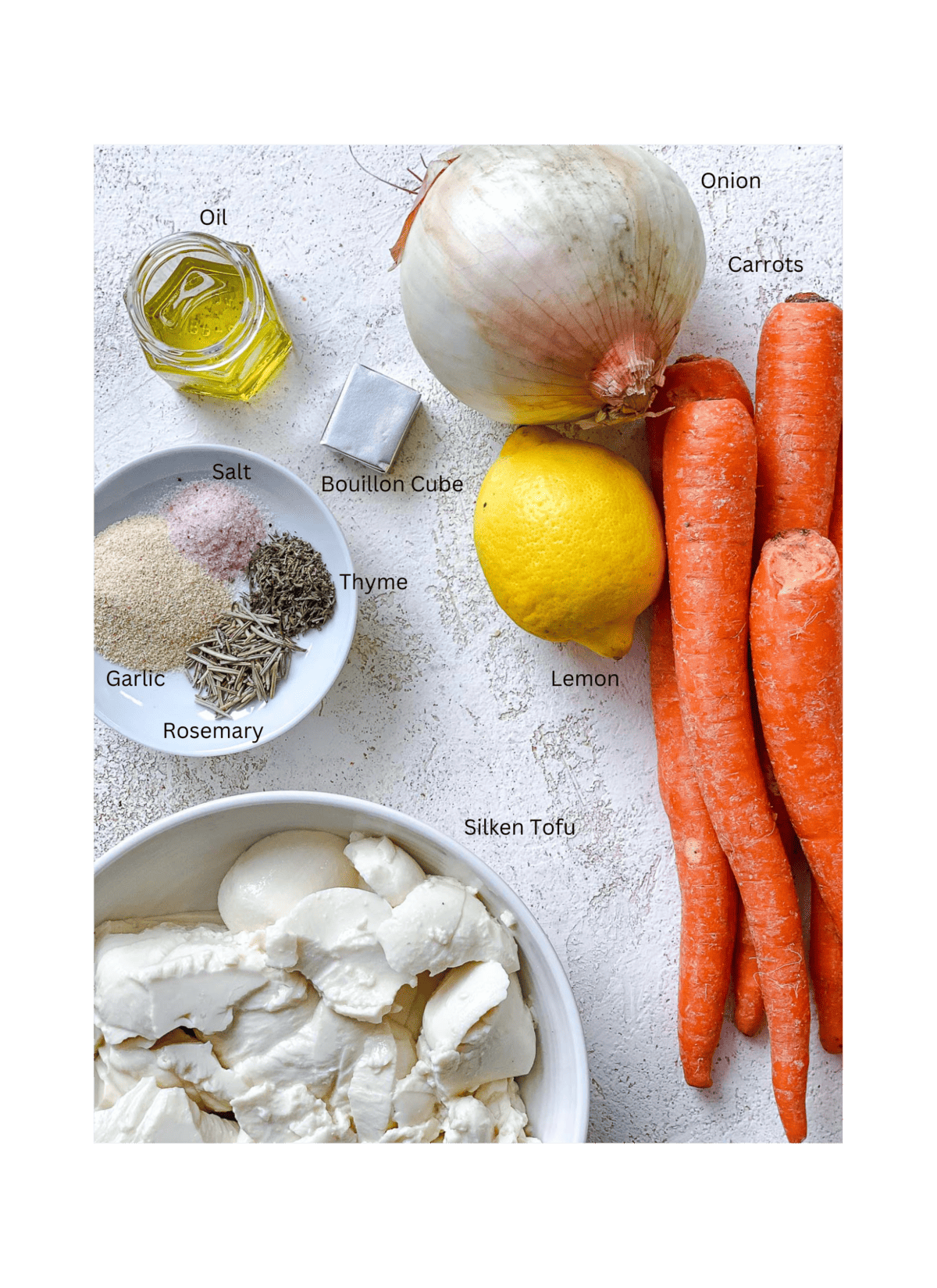 ingredients for Easy Carrot Pasta Sauce measured out against a white surface