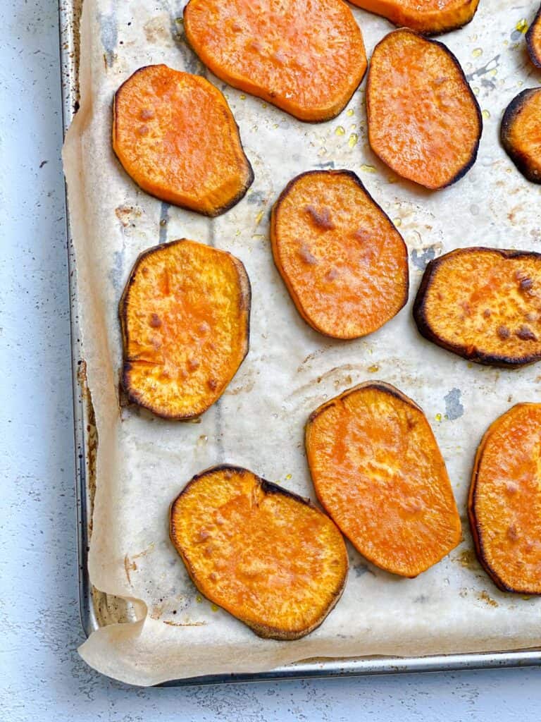 post baked sweet potato slices on baking tray