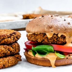 completed The Best Vegan Lentil Burgers on a white surface