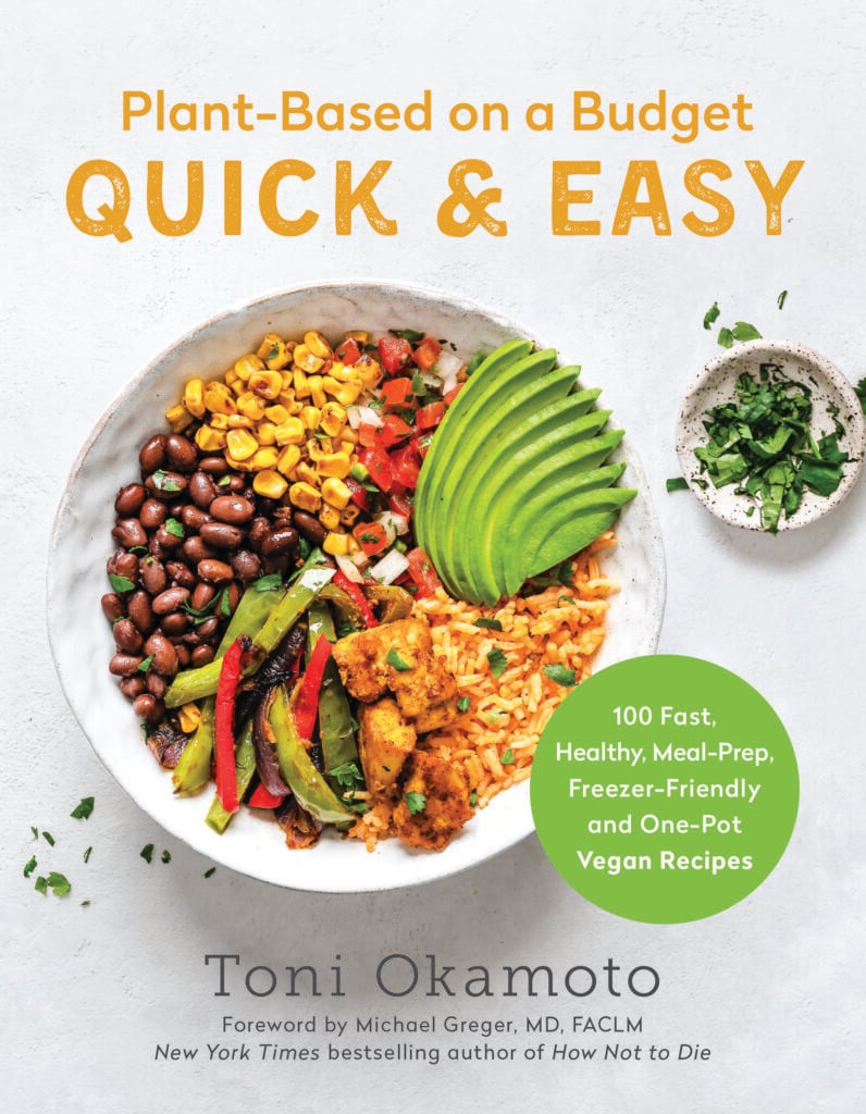 Cover of the book Plant-Based on a Budget Quick & Easy. The words "Plant-Based on a Budget Quick & Easy" are at the top in orange with a bowl of beans, corn, rice, peppers, and avocado.