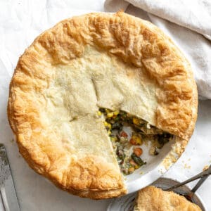 completed Mixed Vegetable Vegan Pot Pie against white surface