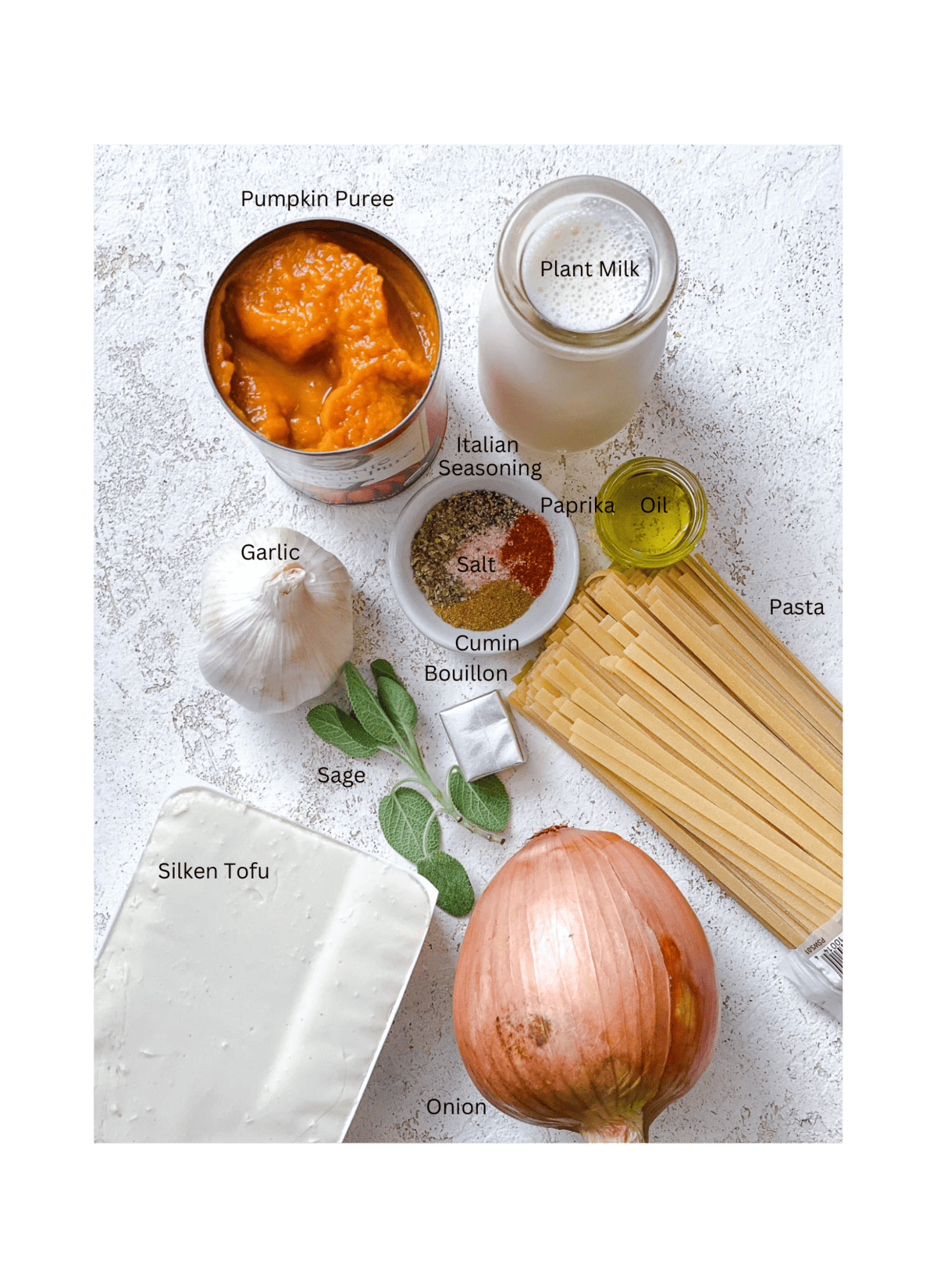 ingredients for Creamy Pumpkin Pasta (Vegan) measured out on a white surface