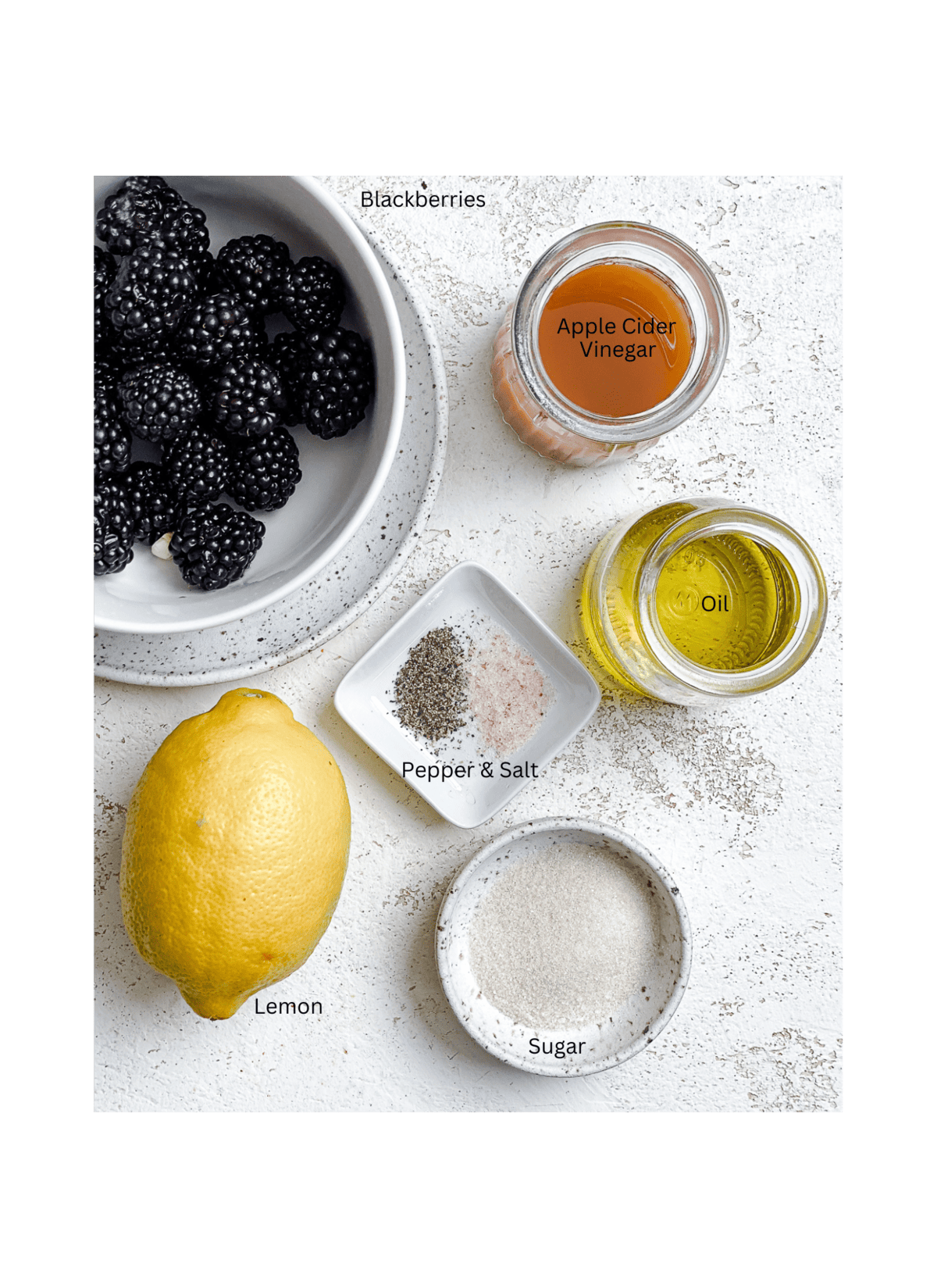 ingredients for 5-Minute Blackberry Vinaigrette on a white surface