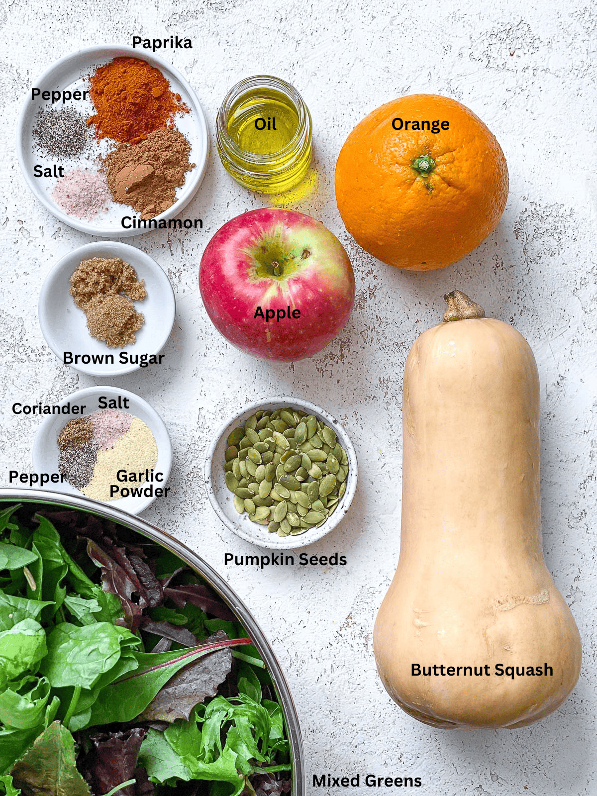 ingredients for Easy Butternut Squash Salad on a white surface