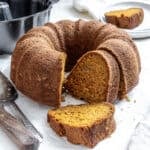completed Easy Pumpkin Bundt Cake on a white surface