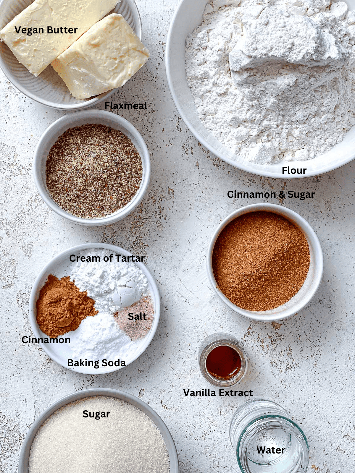 ingredients for Easy Vegan Snickerdoodles on a white surface