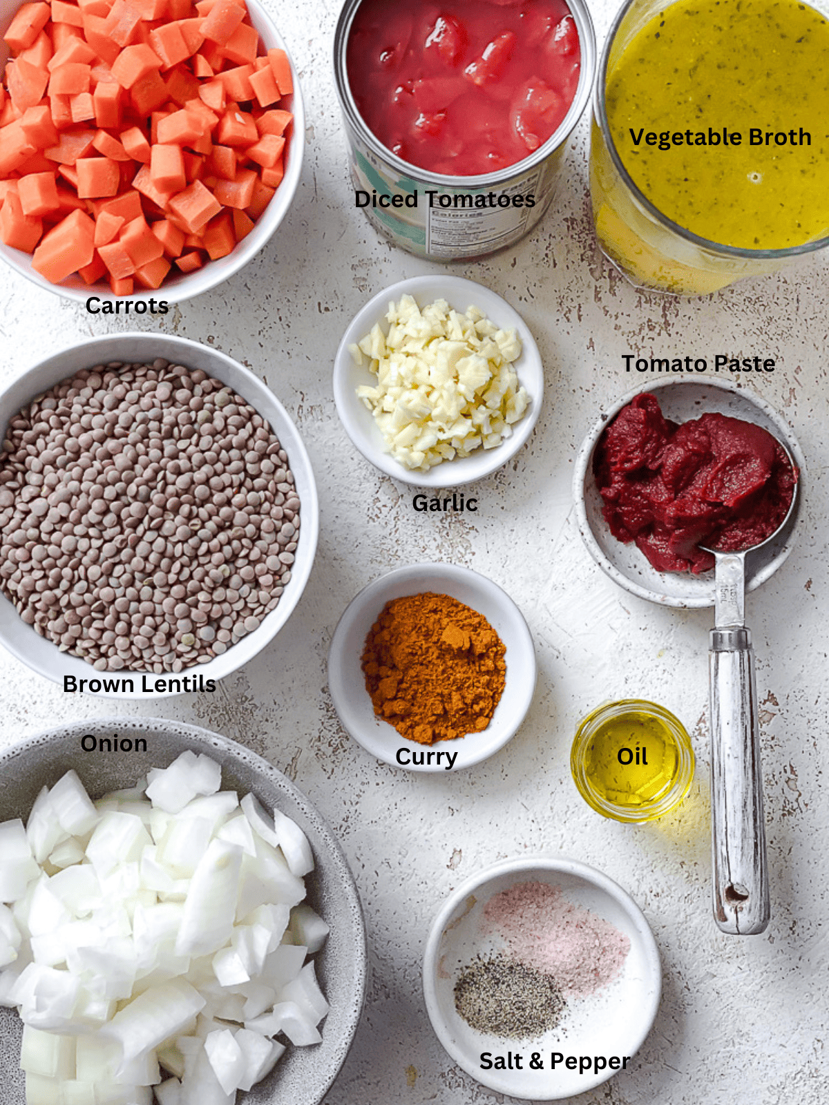 ingredients for Quick Curried Lentils [Stove, Crock،, IP] measured out on a white surface