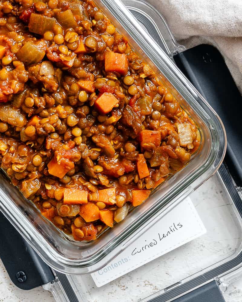 completed Quick Curried Lentils [Stove, Crockpot, IP] in a storage container
