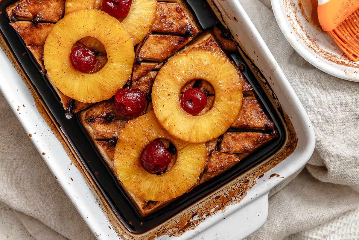completed Pineapple Glazed Tofu Ham in a baking dish