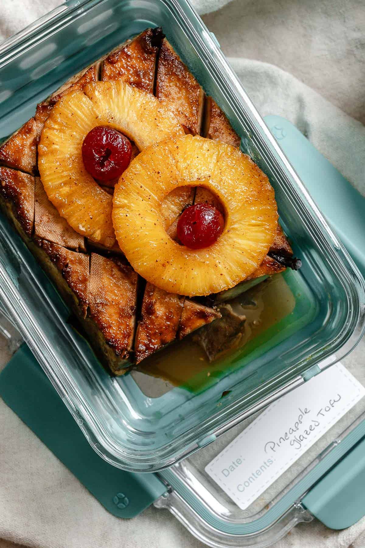 completed Pineapple Glazed Tofu Ham in a storage bag