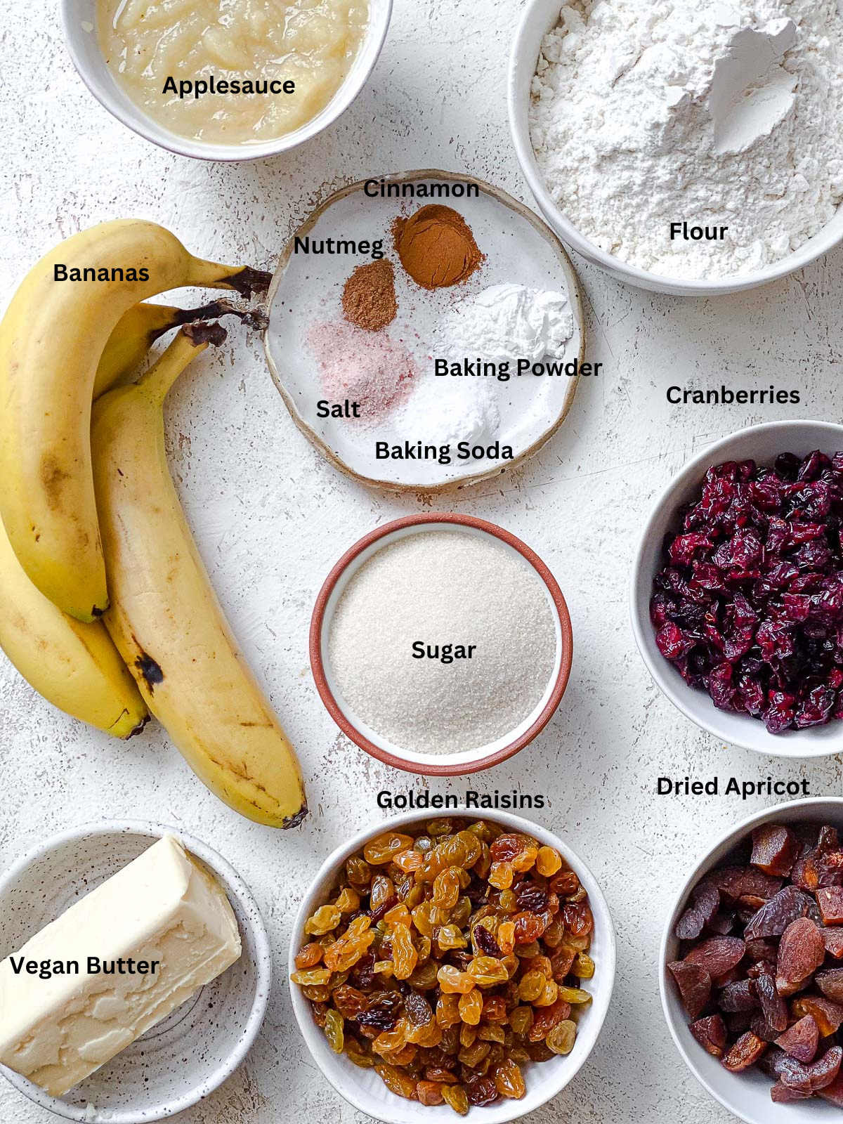 ingredients for Vegan Fruit Cake [Fruit Loaf] on a white surface