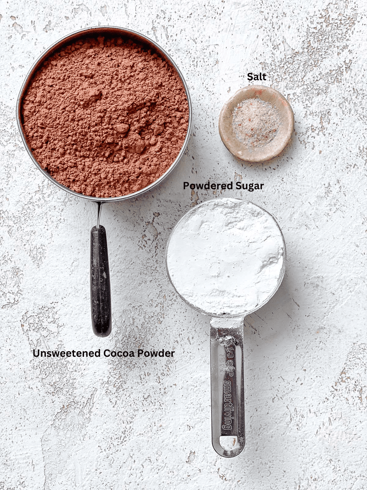 ingredients for Homemade Vegan Hot Chocolate Mix measured on a white surface