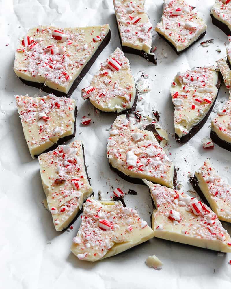 completed Vegan Peppermint Bark on whit surface