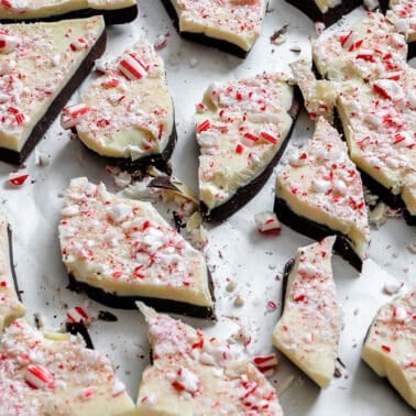 completed Vegan Peppermint Bark on whit surface