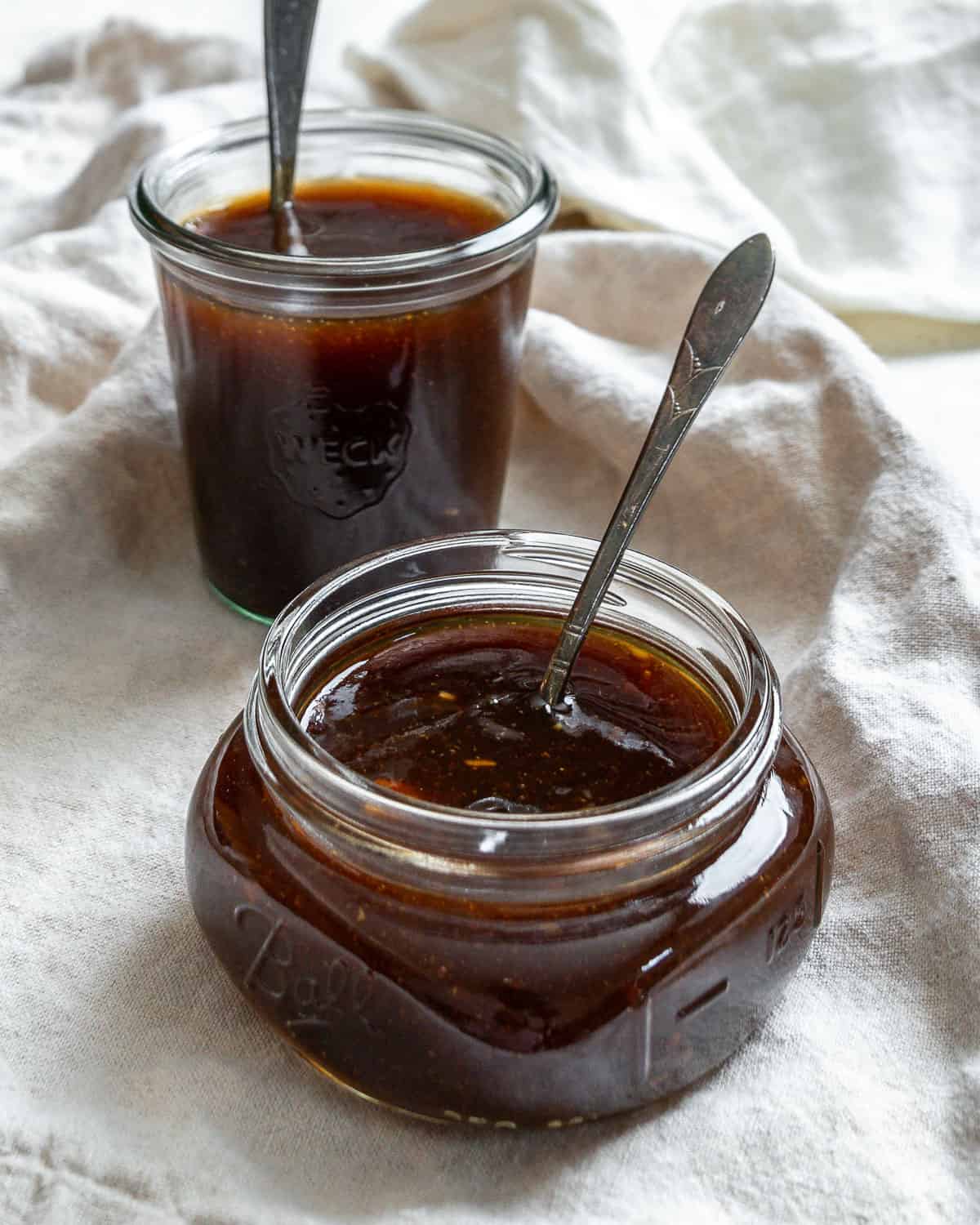 completed Easy Vegan Teriyaki Sauce in two jars