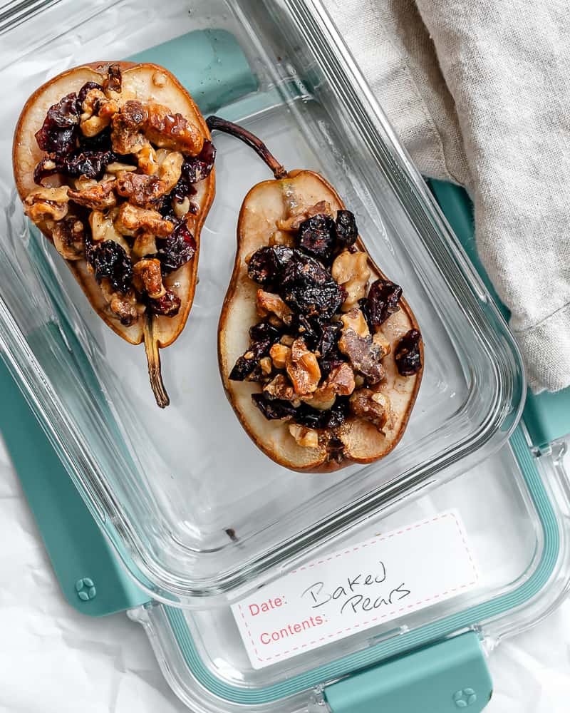 completed Easy Baked Pears [Stuffed with Nuts and Fruit] in a storage container