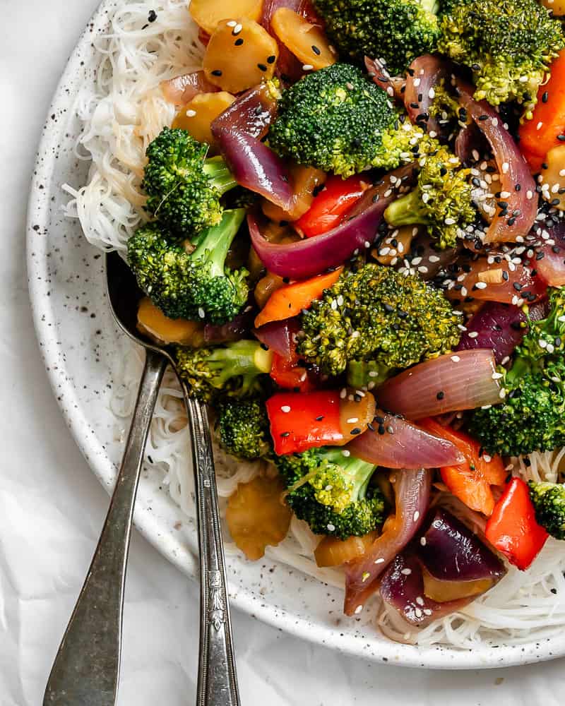 completed Easy Garlic Broccoli Stir-Fry on a white plate