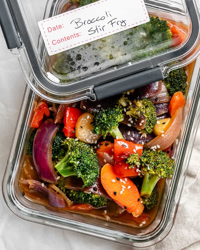 completed Easy Garlic Broccoli Stir-Fry in a storage container