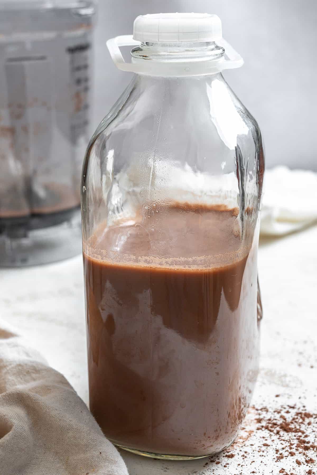 completed Chocolate Oat Milk in a glass jug
