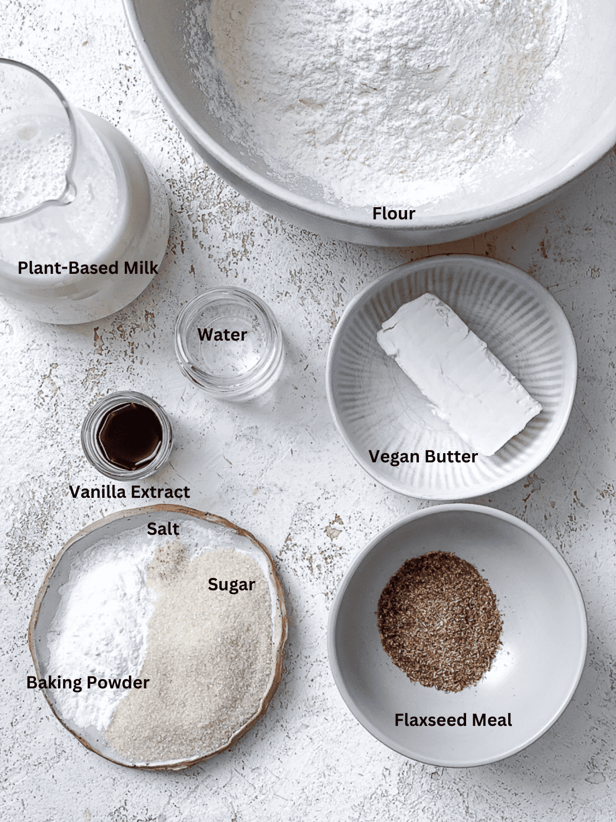 ingredients for Easy Vegan Pancakes [Regular or Mini] on a white surface