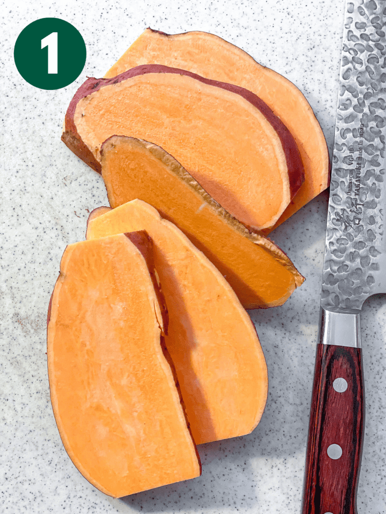 process shot showing sliced sweet potatoes on a white surface