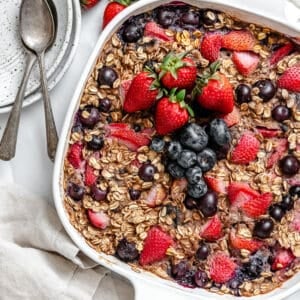 completed Vegan Baked Oatmeal [With Berries] in a baking dish