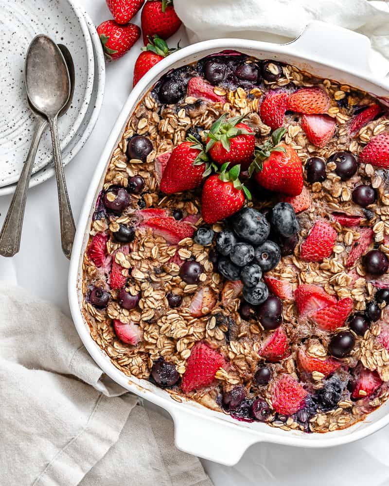 completed Vegan Baked Oatmeal [With Berries] in a baking dish